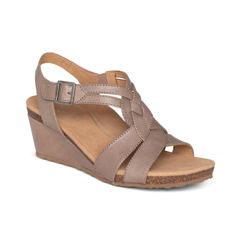 Aetrex Womens Keira Woven Quarter Strap Wedges Taupe - rJEMeHyx5